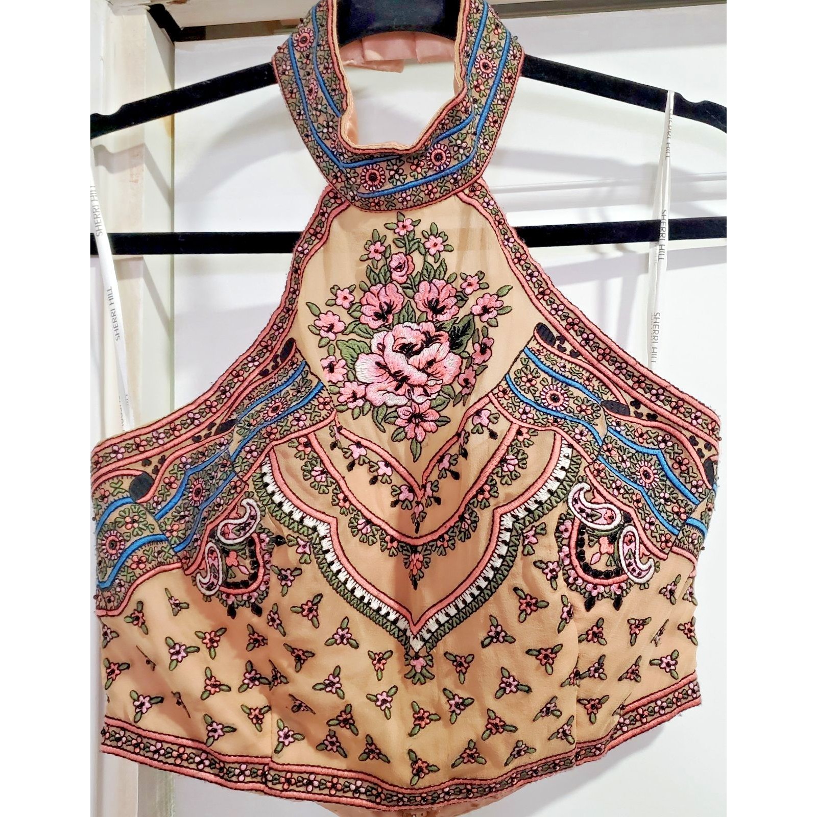 Sheri Hill Halter Crop Top 6 Nude Black Pink Beaded Embroidered Lined Support